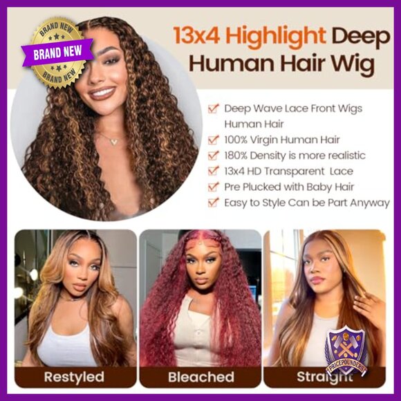 26 Inch 13x4 Lace Front Wig Human Hair Deep Wave 180 Density Glueless main image 6